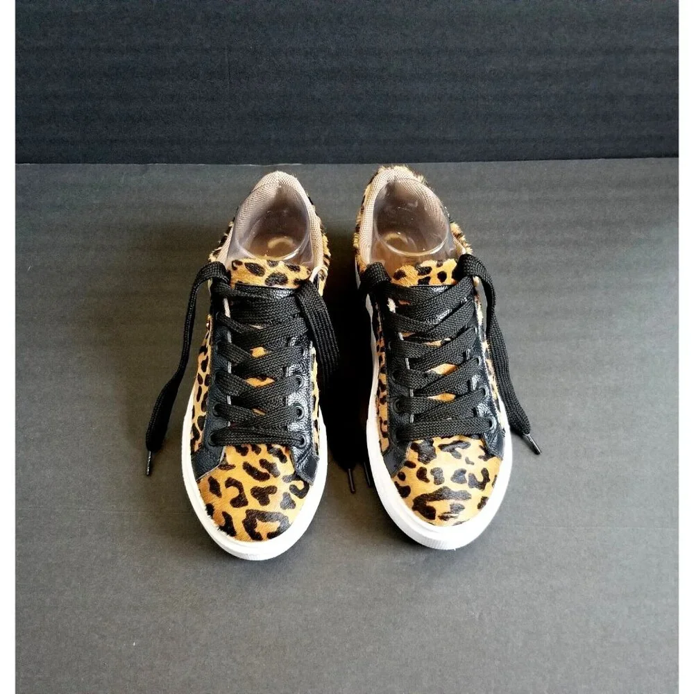 NATALY MENDEZ Brown Leopard Sneakers Sz 37 7 Lace Up Leather Calf Hair - Picture 15 of 15